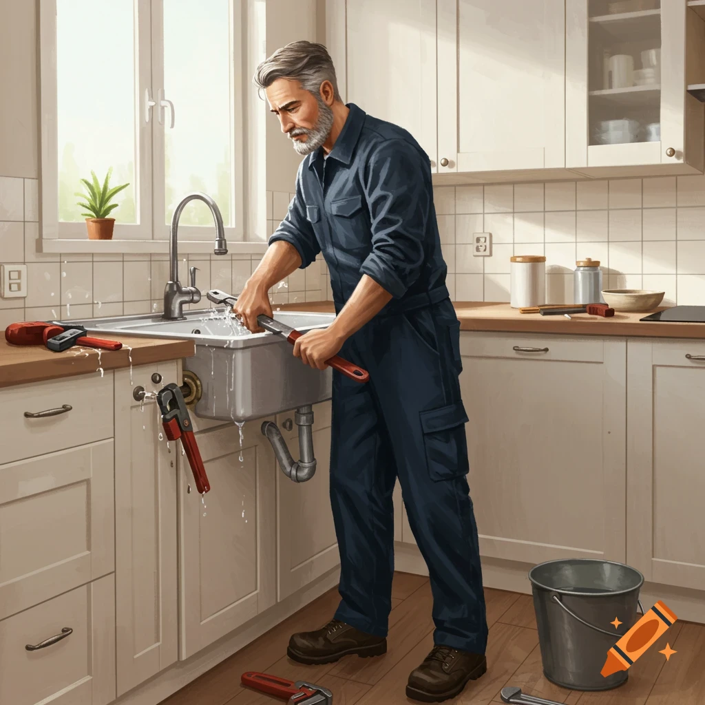 A plumber is fixing a sink in a kitchen.
