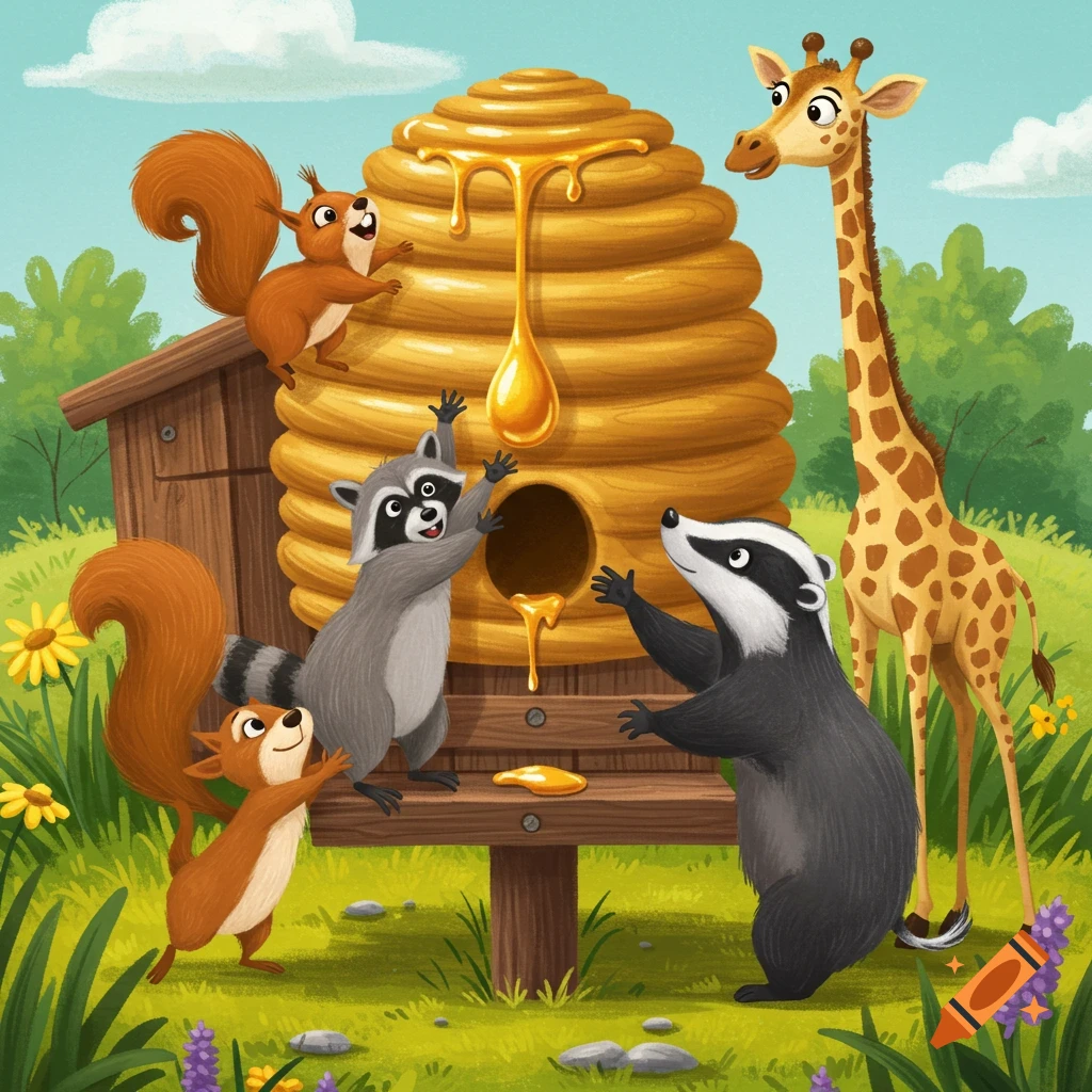 Cartoon animals reaching for honey dripping from a beehive in a grassy field.
