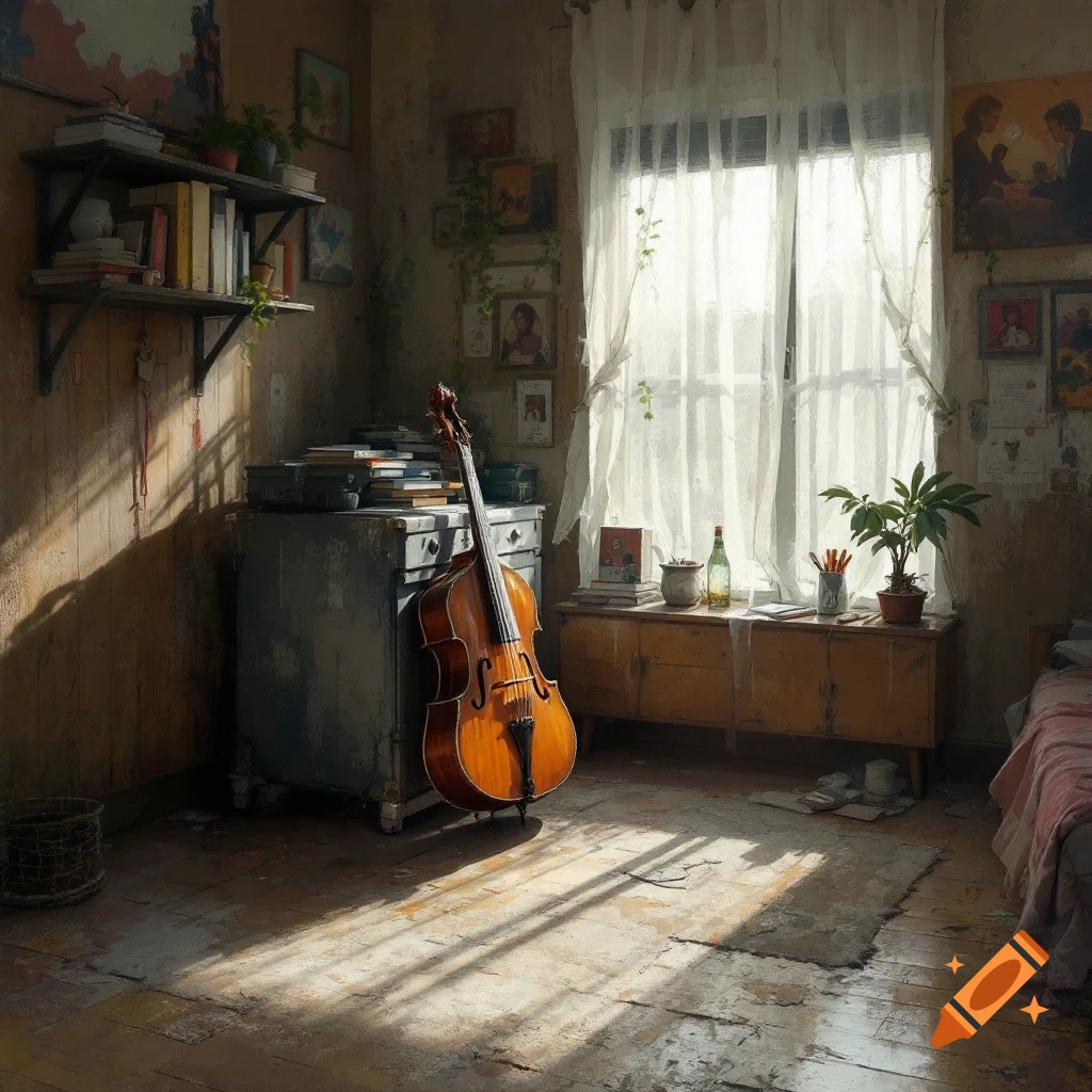 An atmospheric room interior with a cello leaning against furniture near a window, sunlight streaming in.