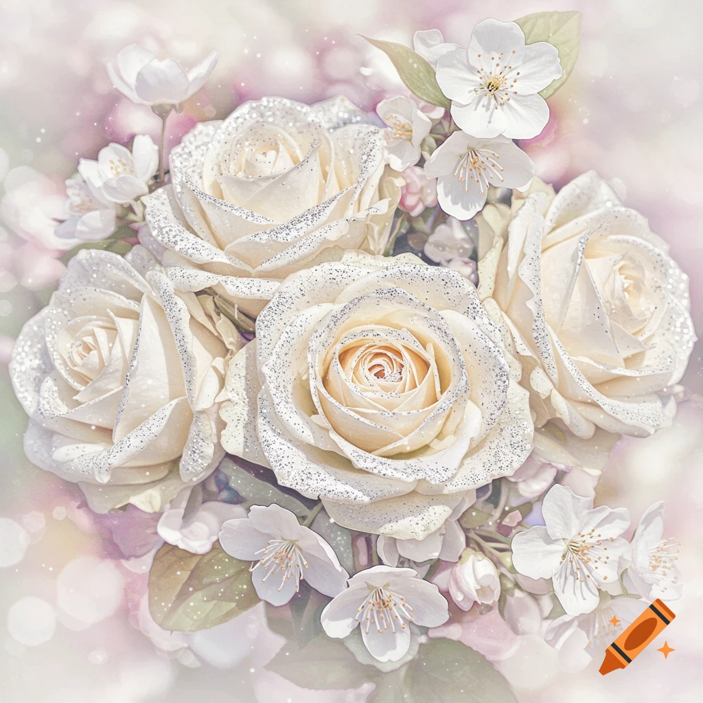 A bouquet of white roses and small white flowers covered in silver glitter.