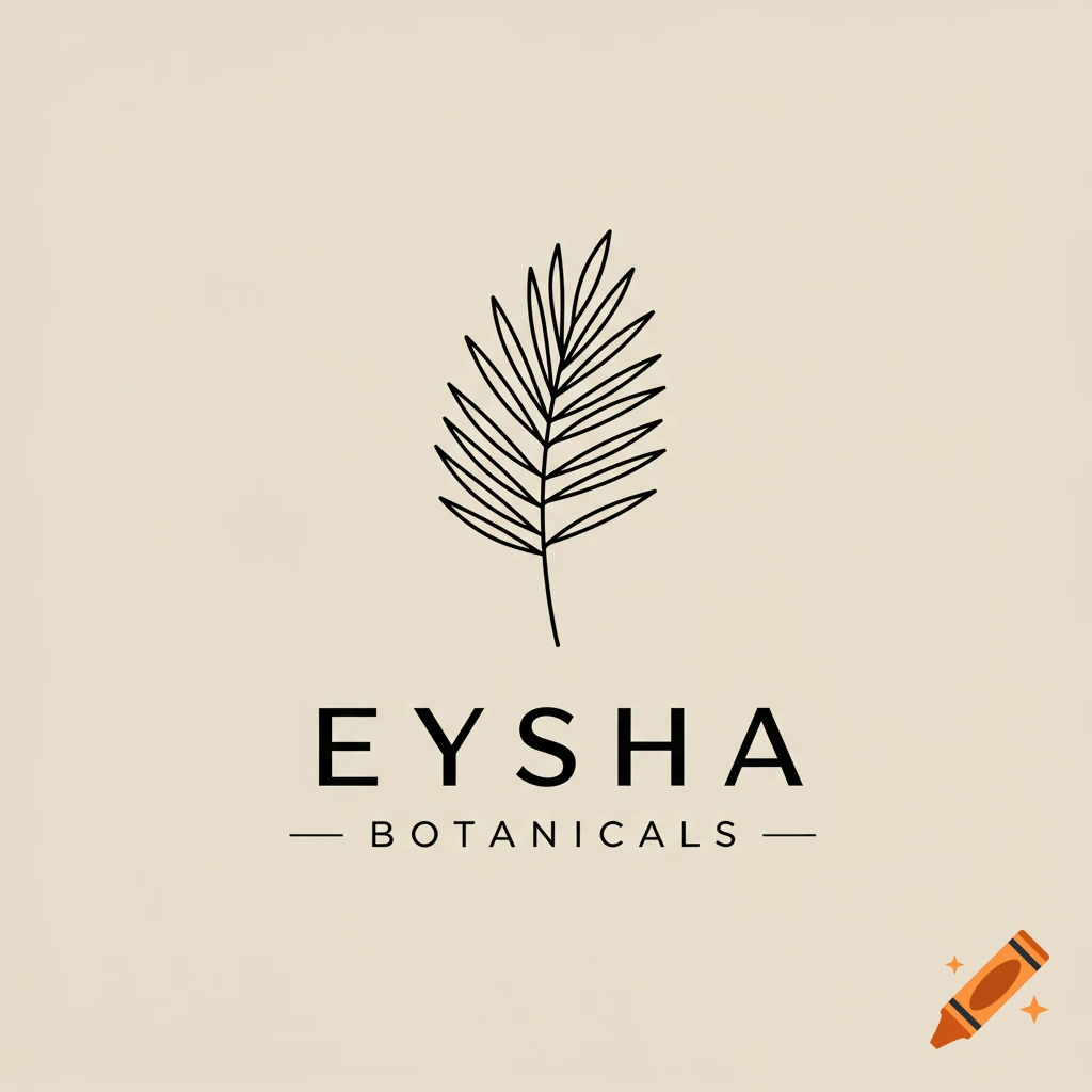 Minimalist logo with black stylized palm leaf above 'Eysha Botanicals' text on beige background.