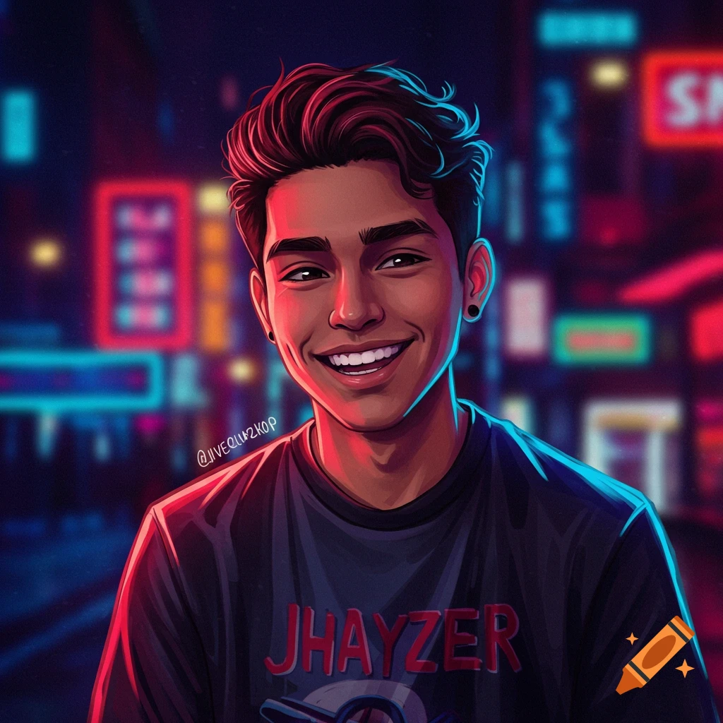 A young man is smiling, showing dimples, and wearing a JHAYZER shirt. He is standing against a blurry background of a neon city.