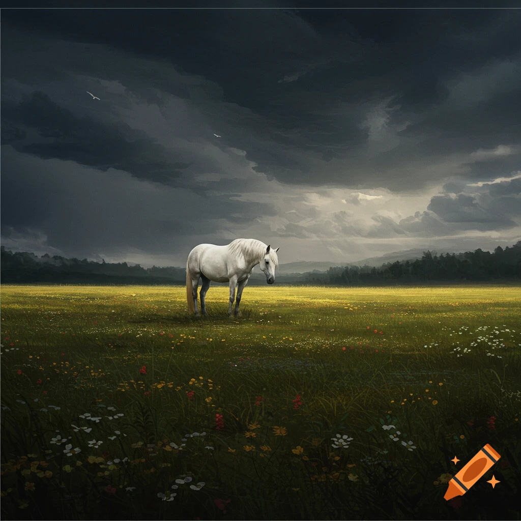 A white horse stands in a flower-filled field under dark, stormy skies.