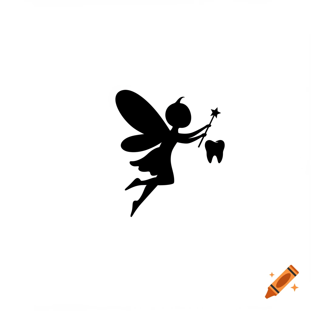 Black silhouette of a tooth fairy holding a wand and a tooth, on a white background.