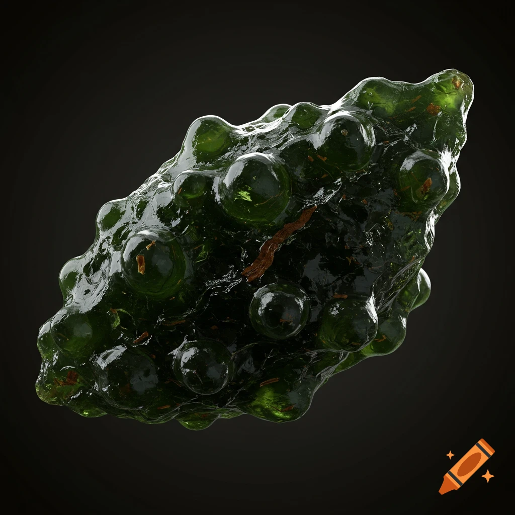 A close-up, realistic photograph of a dark green, lumpy, glossy substance with reddish inclusions against a dark background.