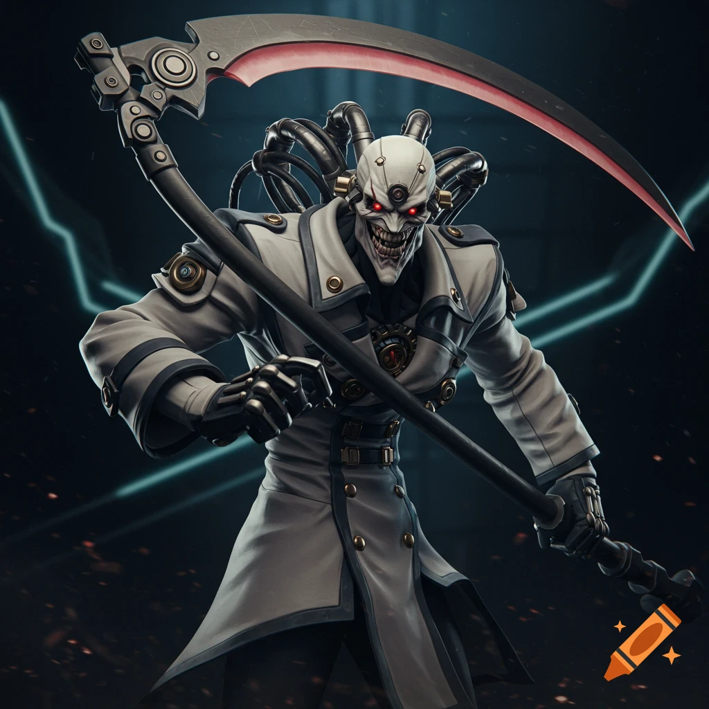 A stylized character resembling Bedman from Guilty Gear, wearing a white coat and holding a scythe, stands against a dark background with blue neon lines.