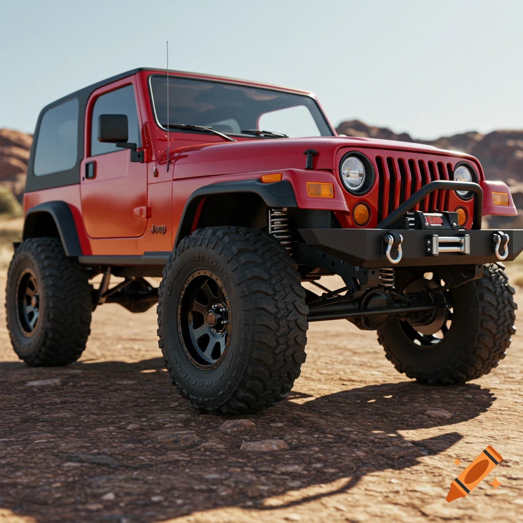 A red Jeep Wrangler parked on a dirt road in a rocky desert landscape.