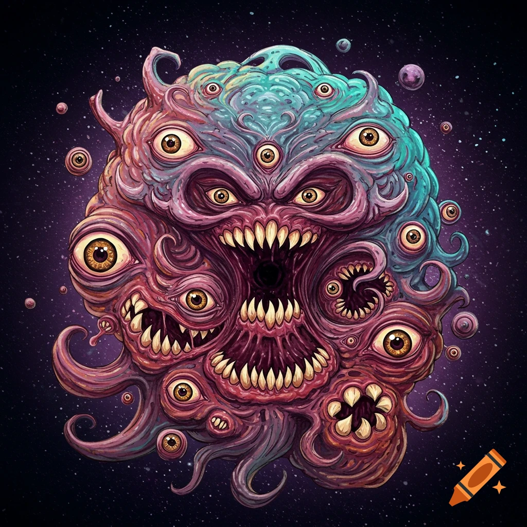 A multi-eyed monster in space.