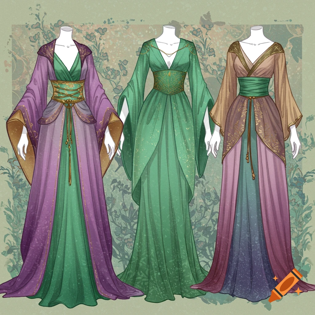 Three fantasy dresses on mannequins.