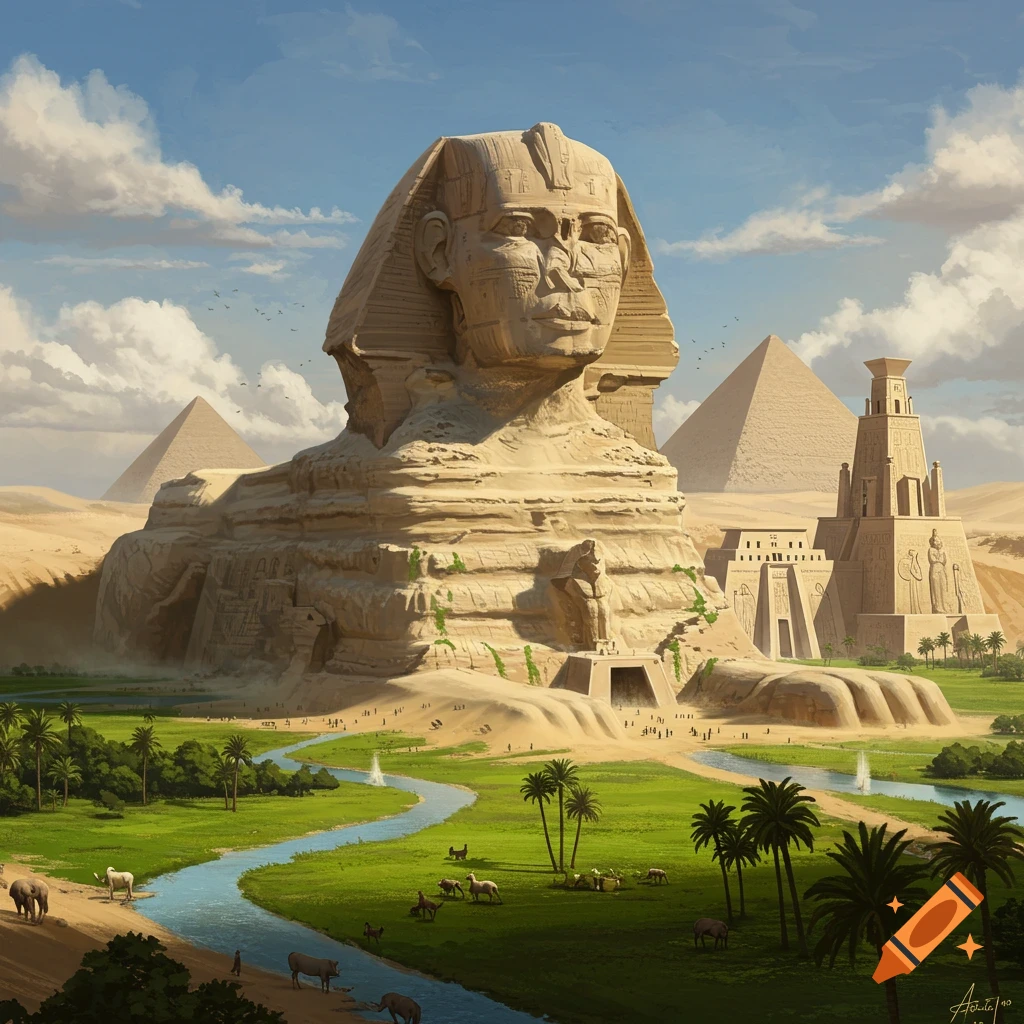 A massive, water-worn sphinx in a lush Egyptian landscape with pyramids, temples, rivers, and animals.