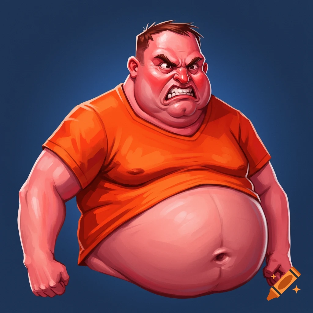 A very angry, overweight cartoon man with short arms and an orange shirt.