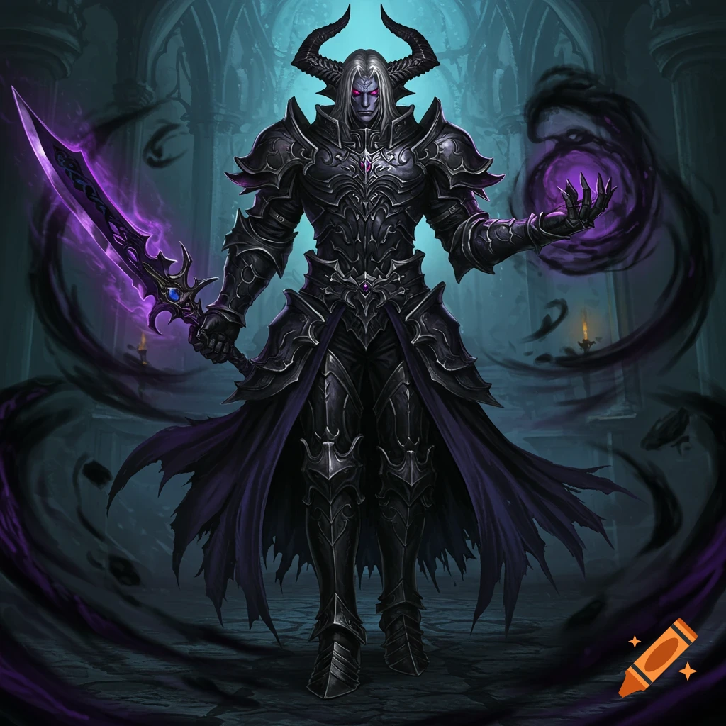 a tall figure in dark armor holding a purple sword and conjuring dark magic in a dimly lit stone hall.