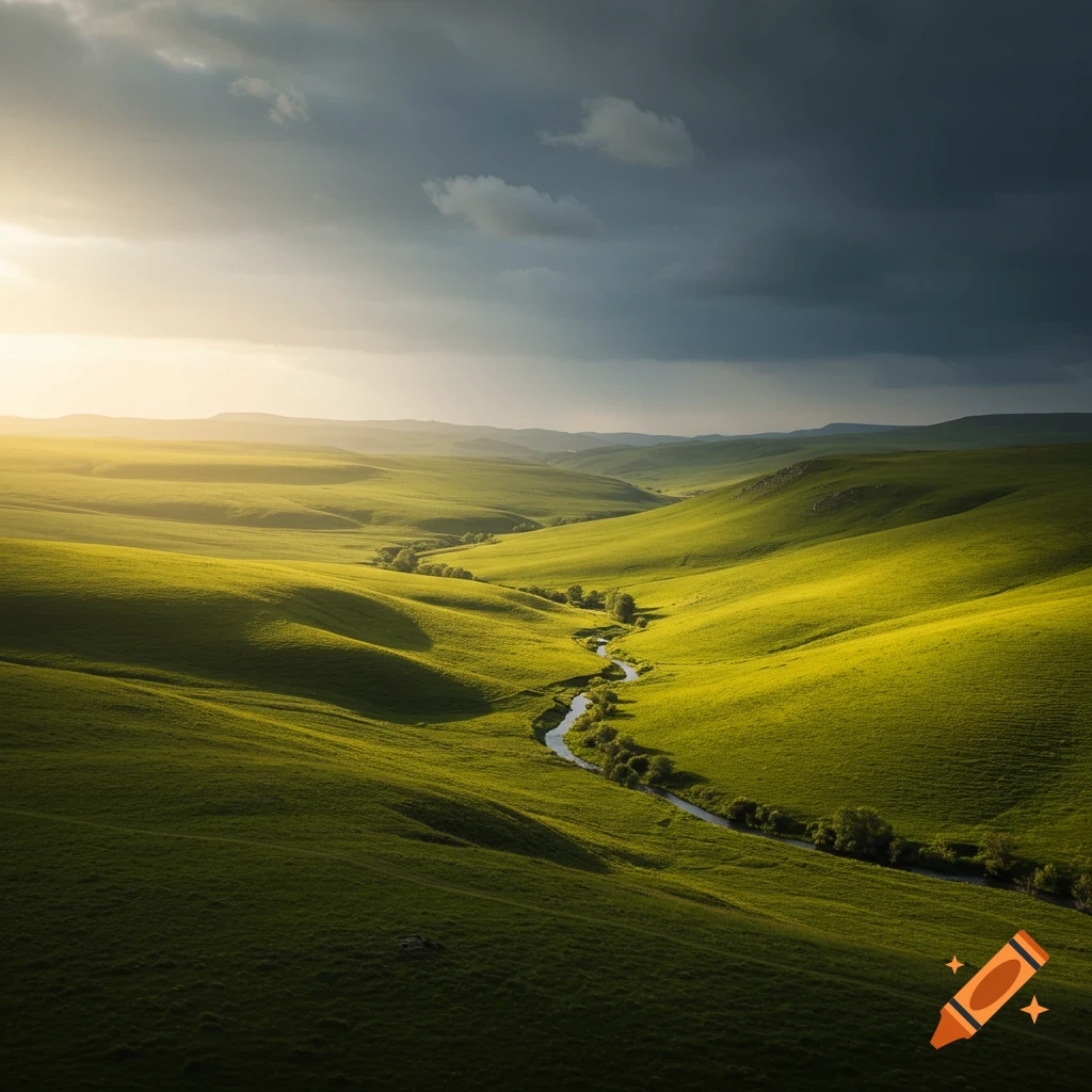 A winding river flows through vibrant green rolling hills under a dramatic, sunlit sky. Photorealistic landscape.