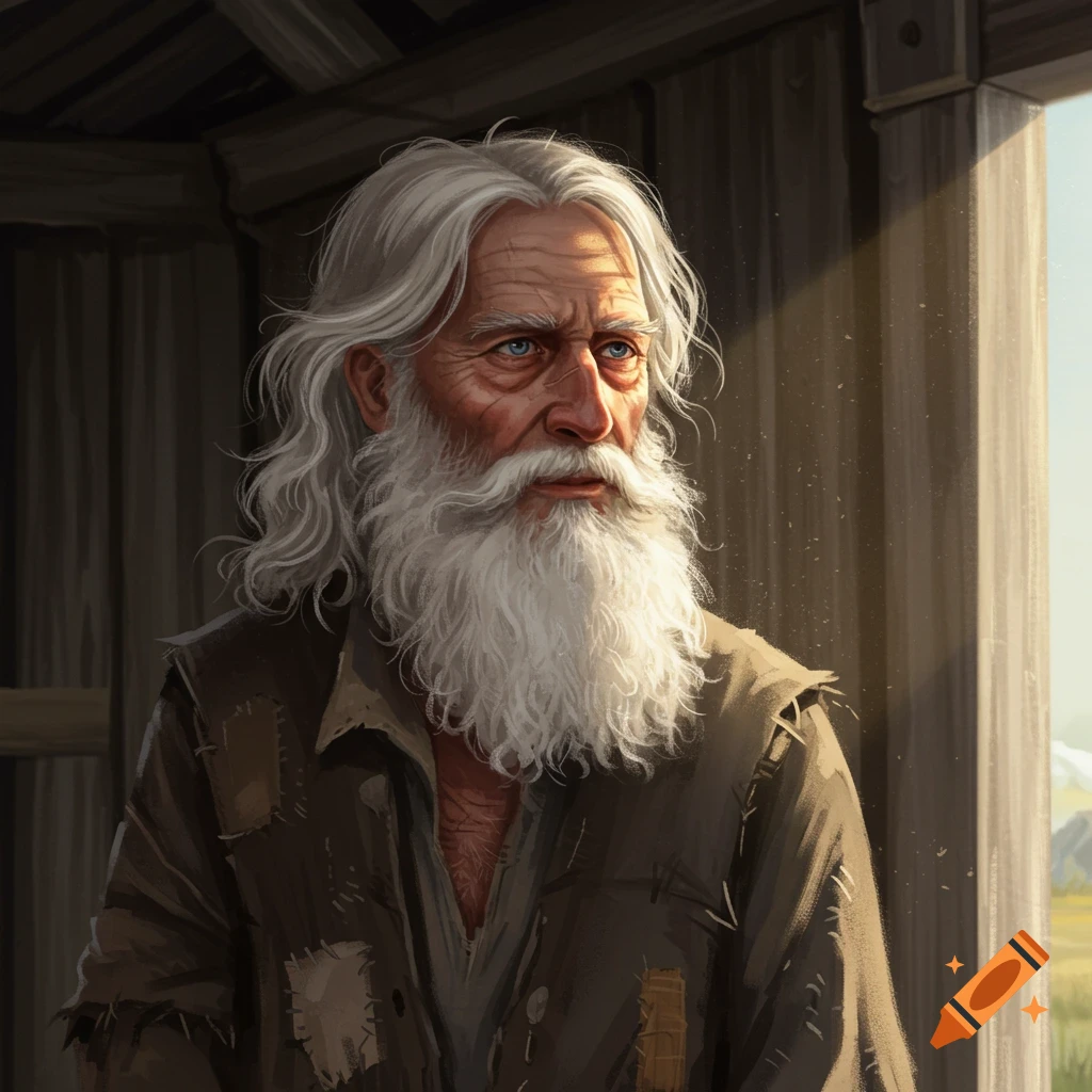 A wise old man with long white hair and beard wearing ragged clothes.