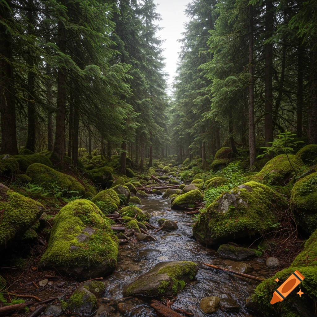 A stream flows through a dense, misty forest with moss-covered rocks and trees.