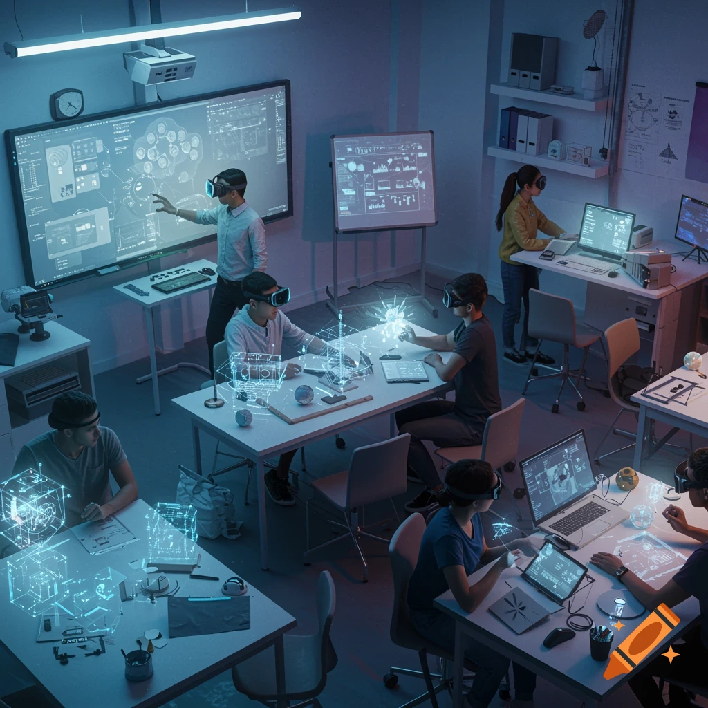 High-angle shot of students in a modern, high-tech classroom using VR headsets and interacting with futuristic displays.