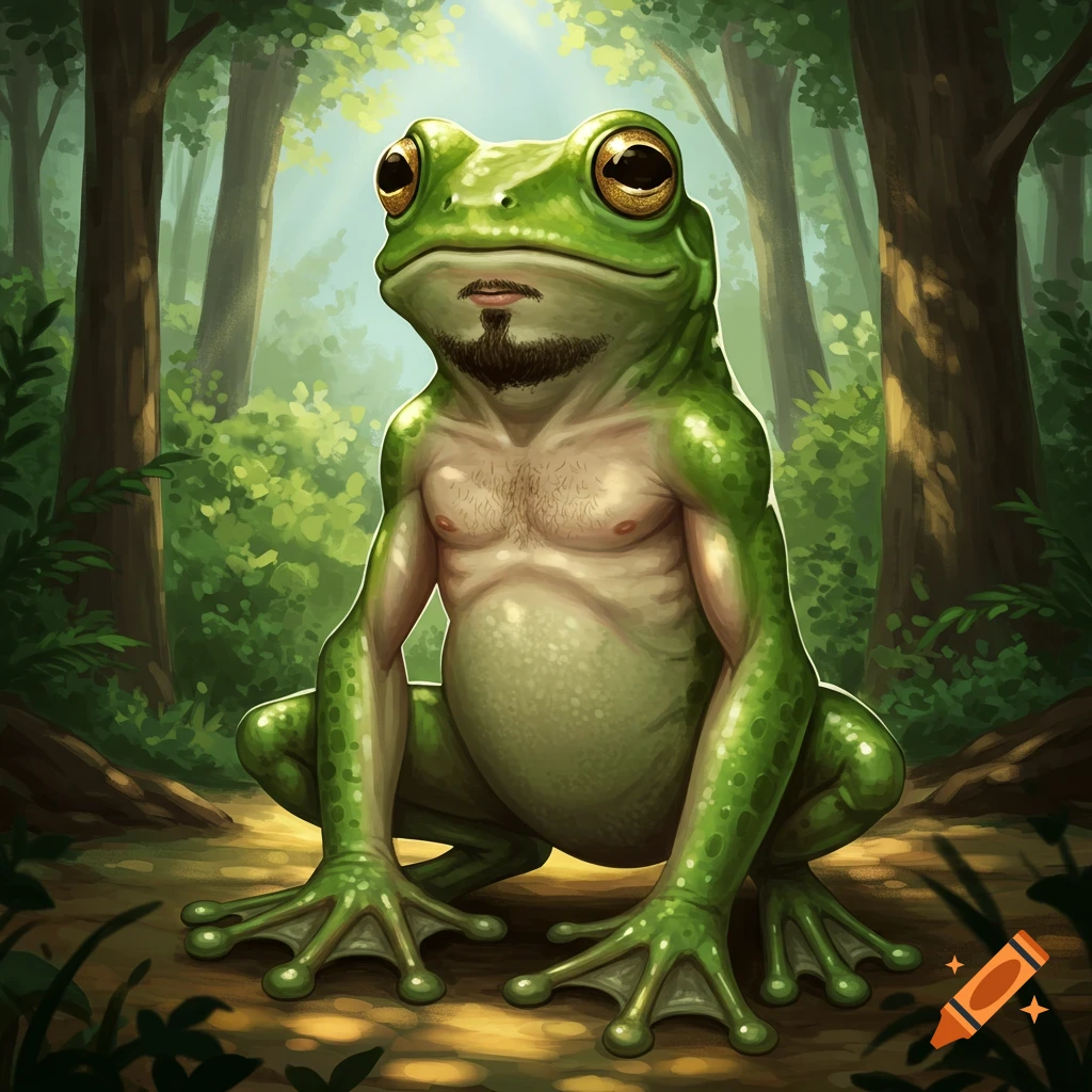 A muscular human-frog hybrid with a goatee sitting in a forest.