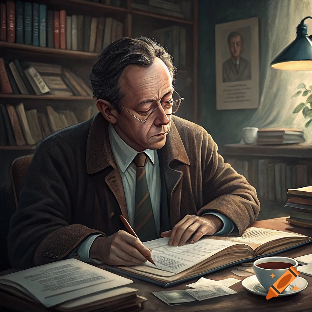 An older man in glasses, jacket, shirt, and tie sits at a desk writing in a book, surrounded by bookshelves.
