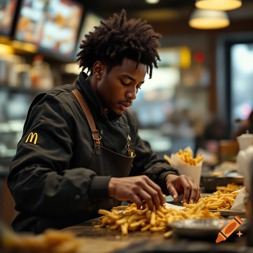 Person in black jacket handling fries in a restaurant kitchen.