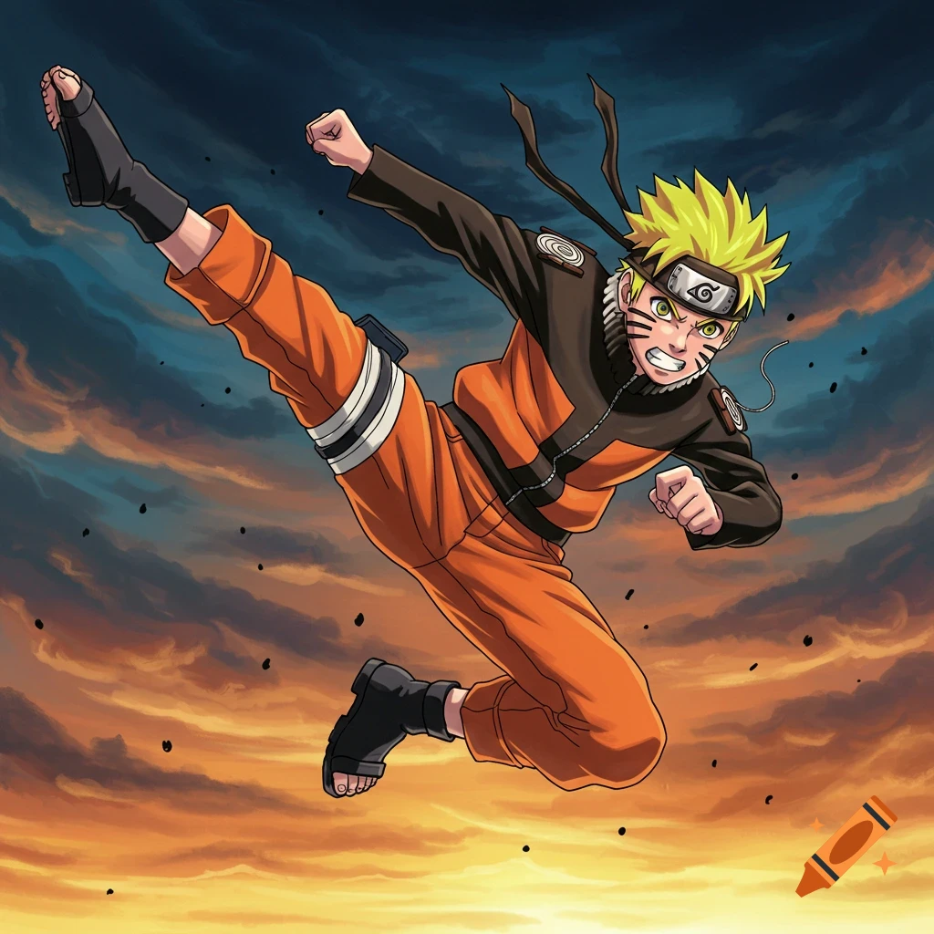 Anime illustration of Naruto Uzumaki doing a powerful kick in the air against a dramatic cloudy sky.