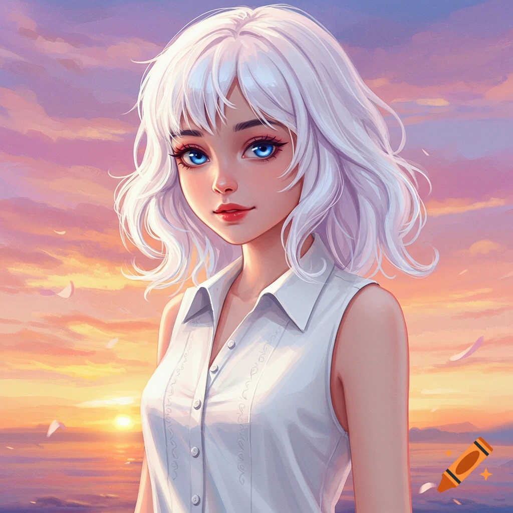 Anime portrait of a girl with white hair in a sleeveless shirt against a sunset background.