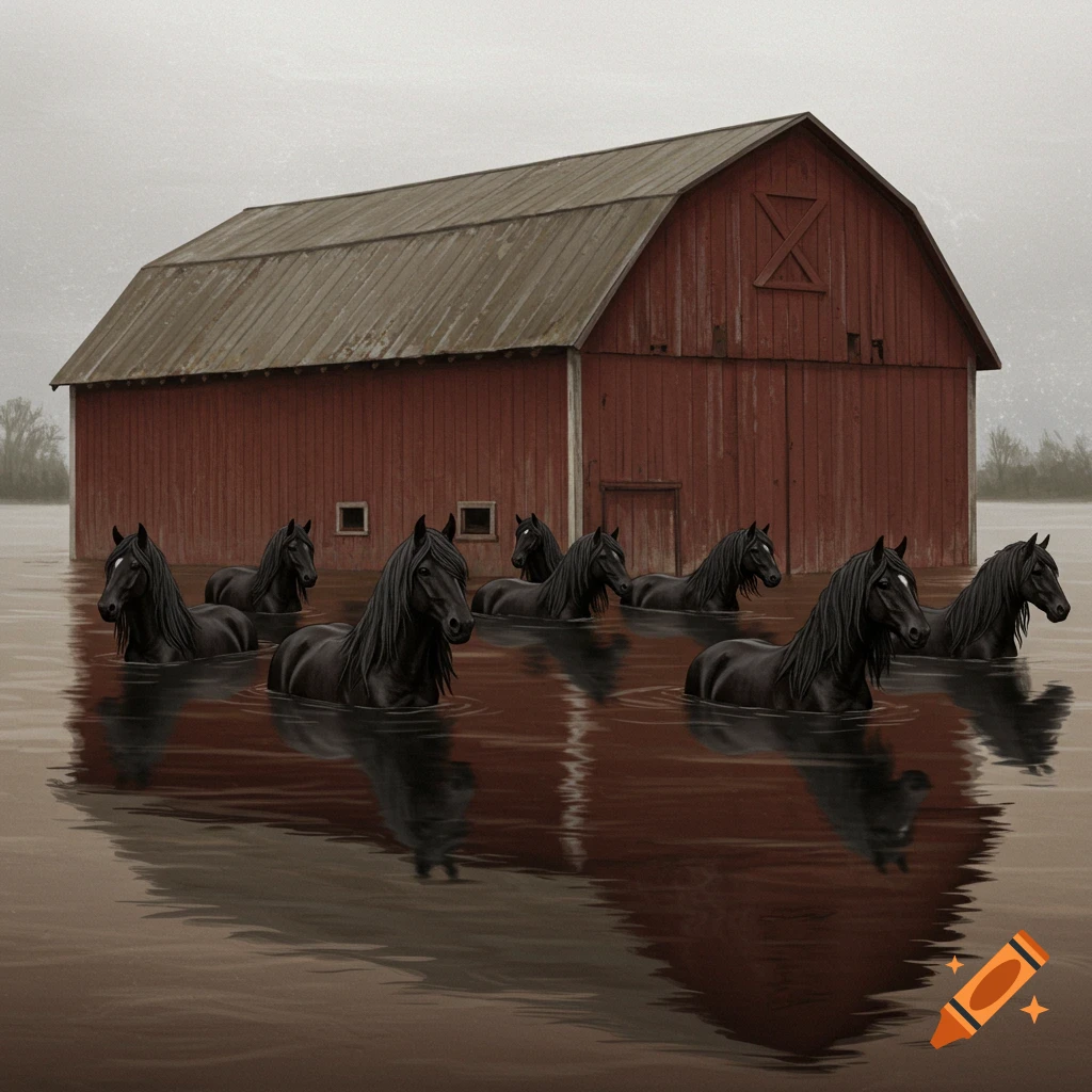 Black horses stand in floodwater in front of a red barn