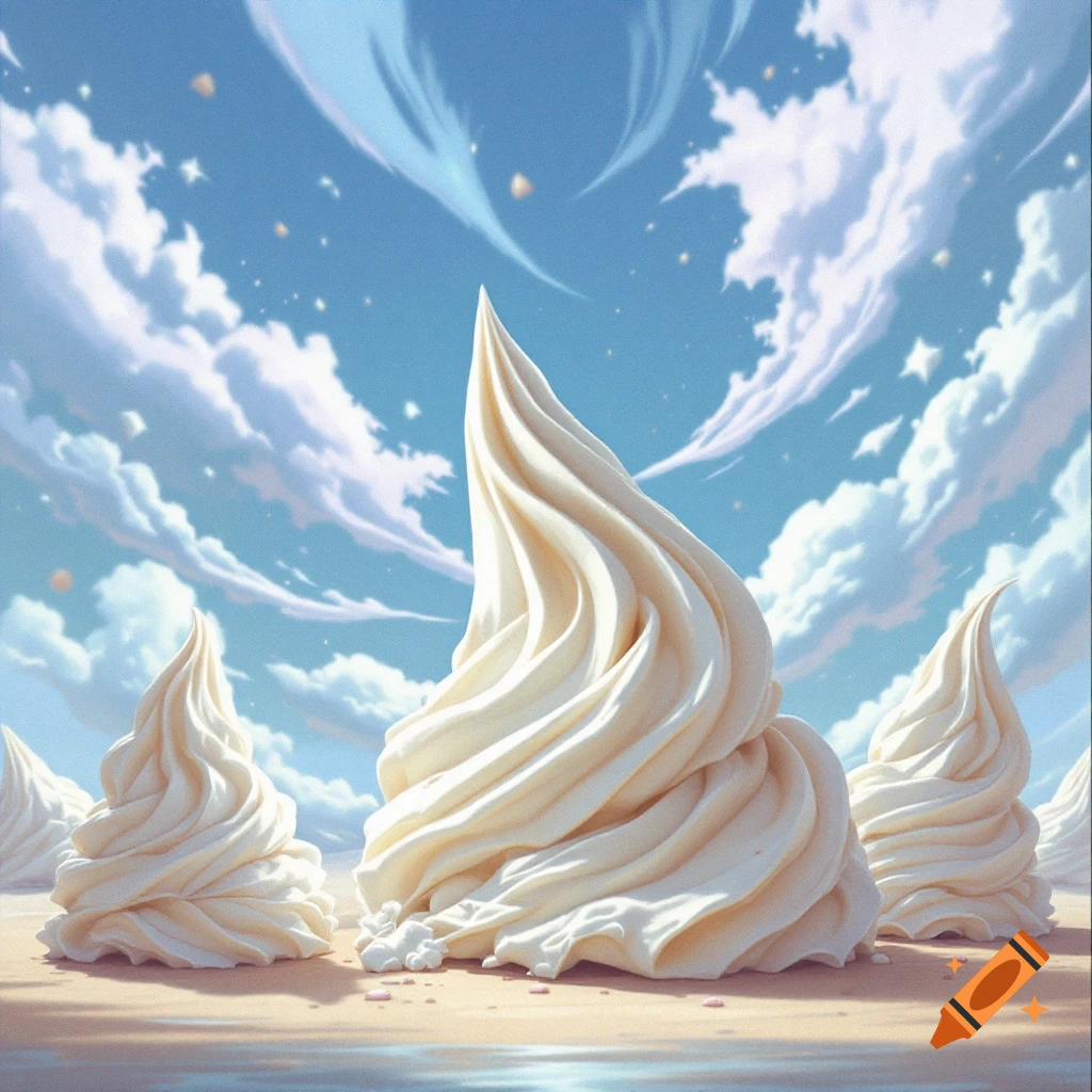 Large swirls of soft-serve ice cream sit on a sandy beach under a bright blue sky with clouds.