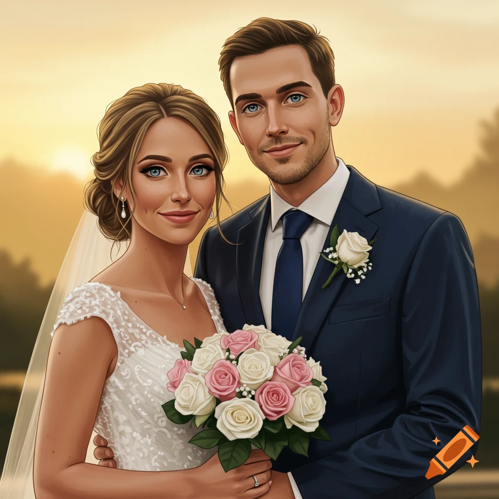 A smiling bride and groom holding a bouquet at sunset.