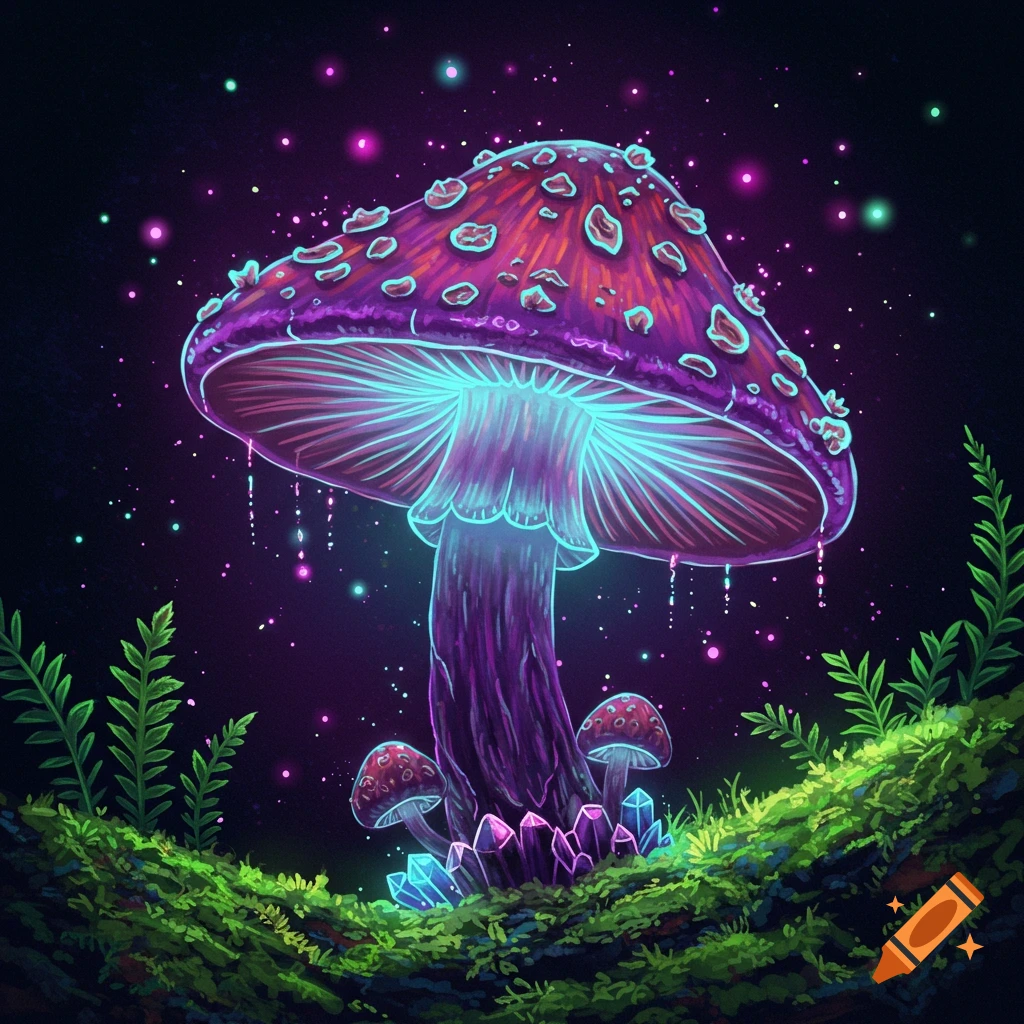 A glowing purple and blue fantasy mushroom surrounded by crystals and moss with twinkling lights.