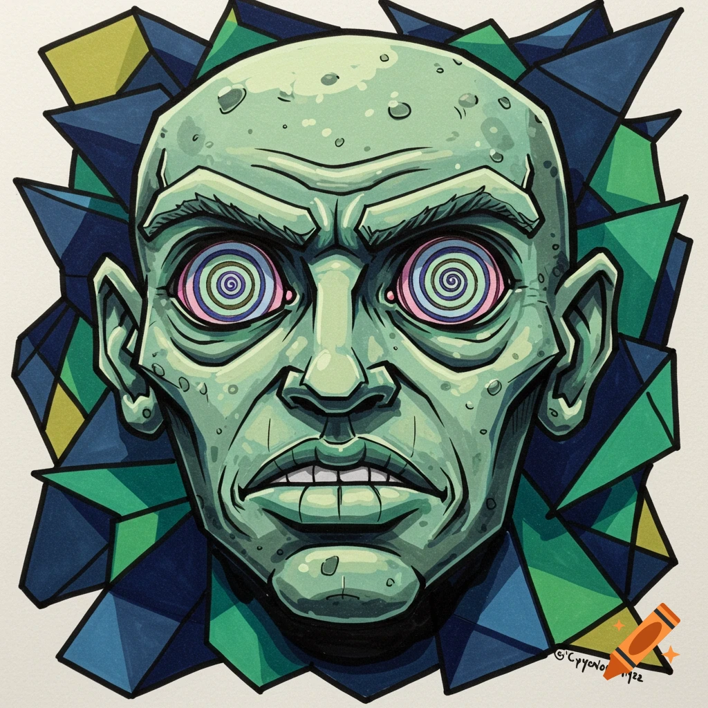 Stylized drawing of a green face with hypnotic eyes surrounded by geometric shapes.