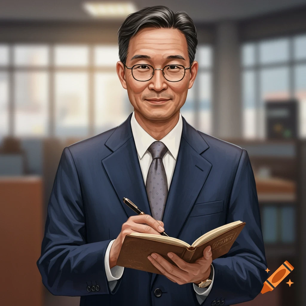 A man in a suit and glasses writing in a notebook.
