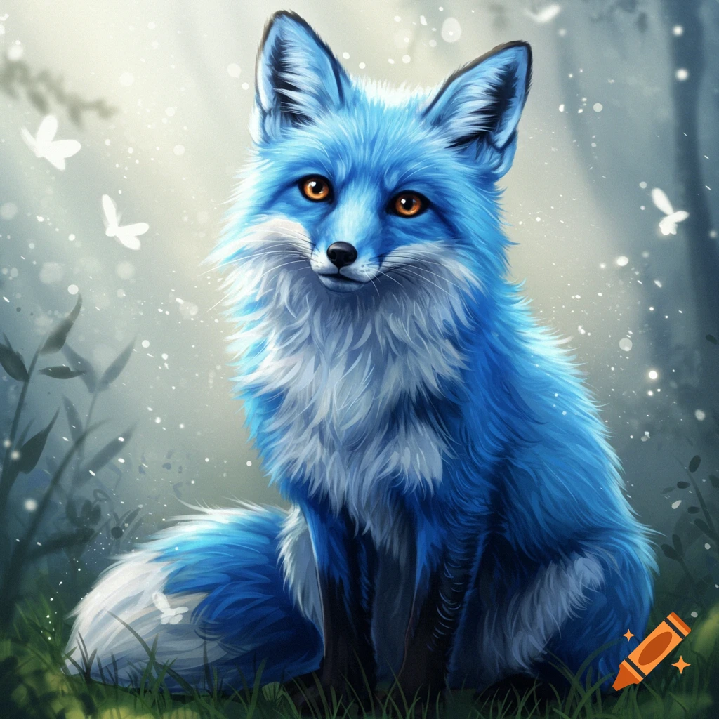 A vibrant blue fox sits in a forest setting with butterflies.
