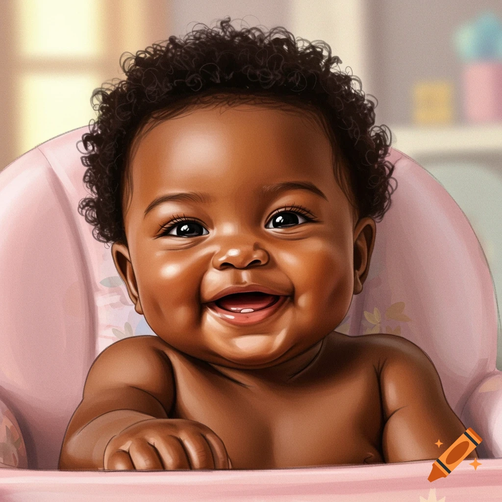 A smiling baby in a pink high chair.