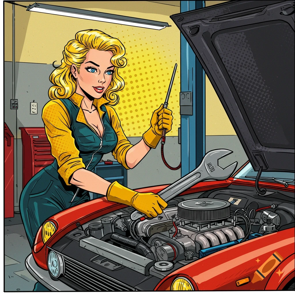Comic book style illustration of a blonde woman in a work jumpsuit working on a car engine with a wrench in a garage.