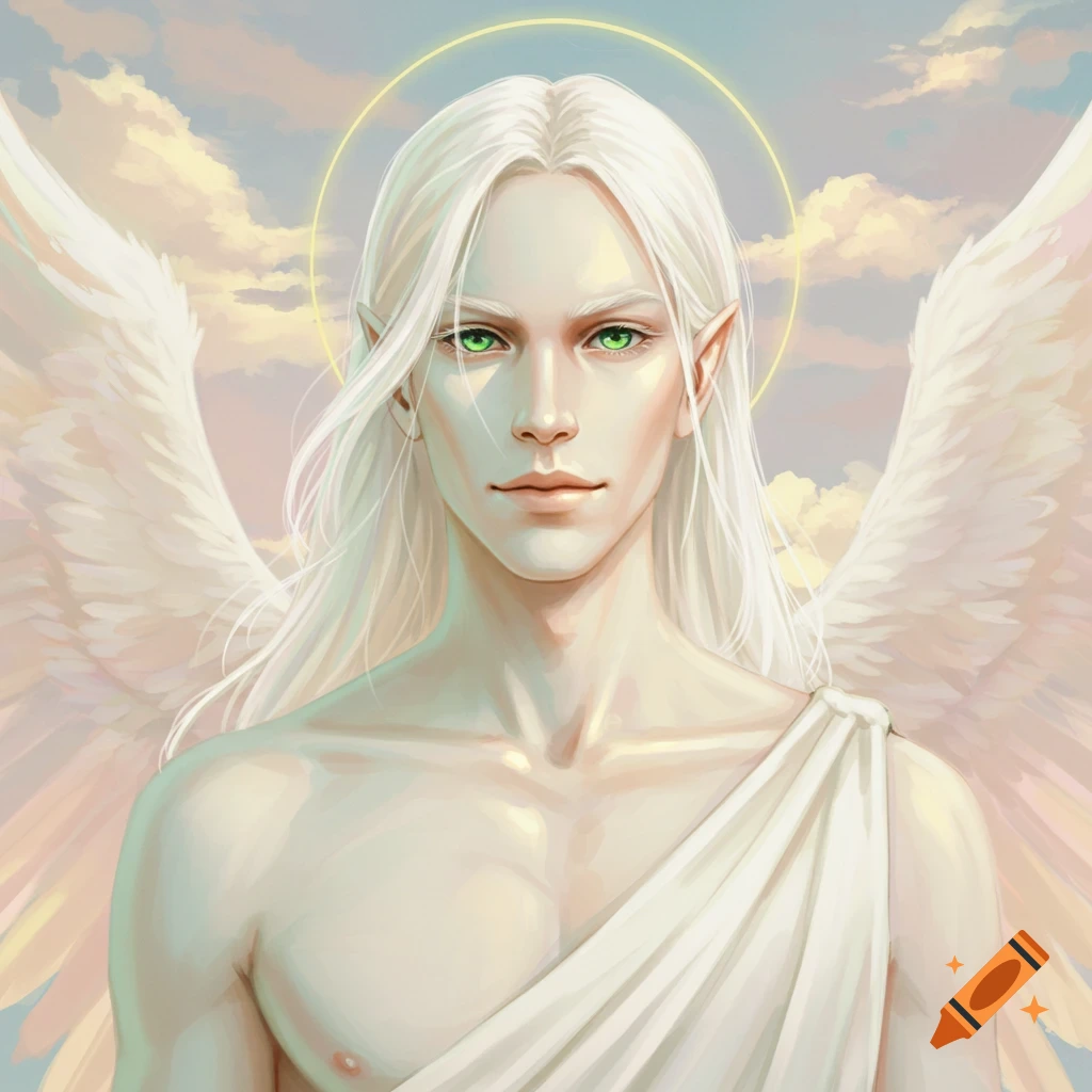 Angelic male figure with long white hair, green eyes, elf-like ears, wings, and a halo.