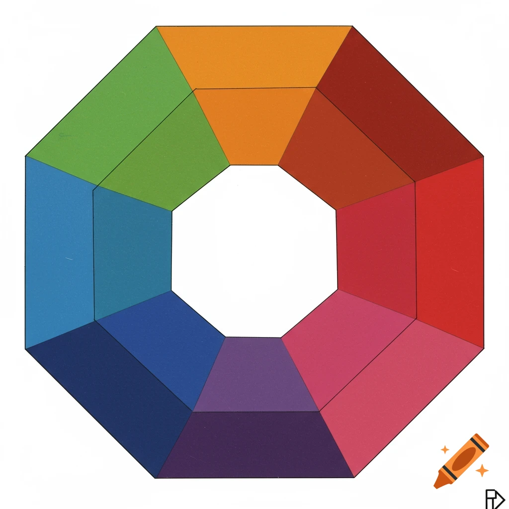 An octagonal shape made of colorful segments around a white hexagonal hole.
