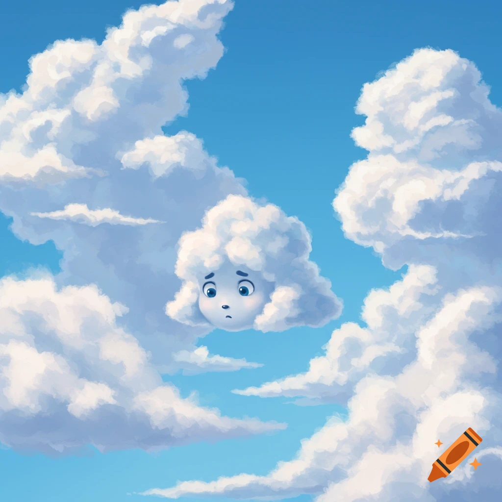 Small cloud character with a face looking down among larger clouds in a blue sky.