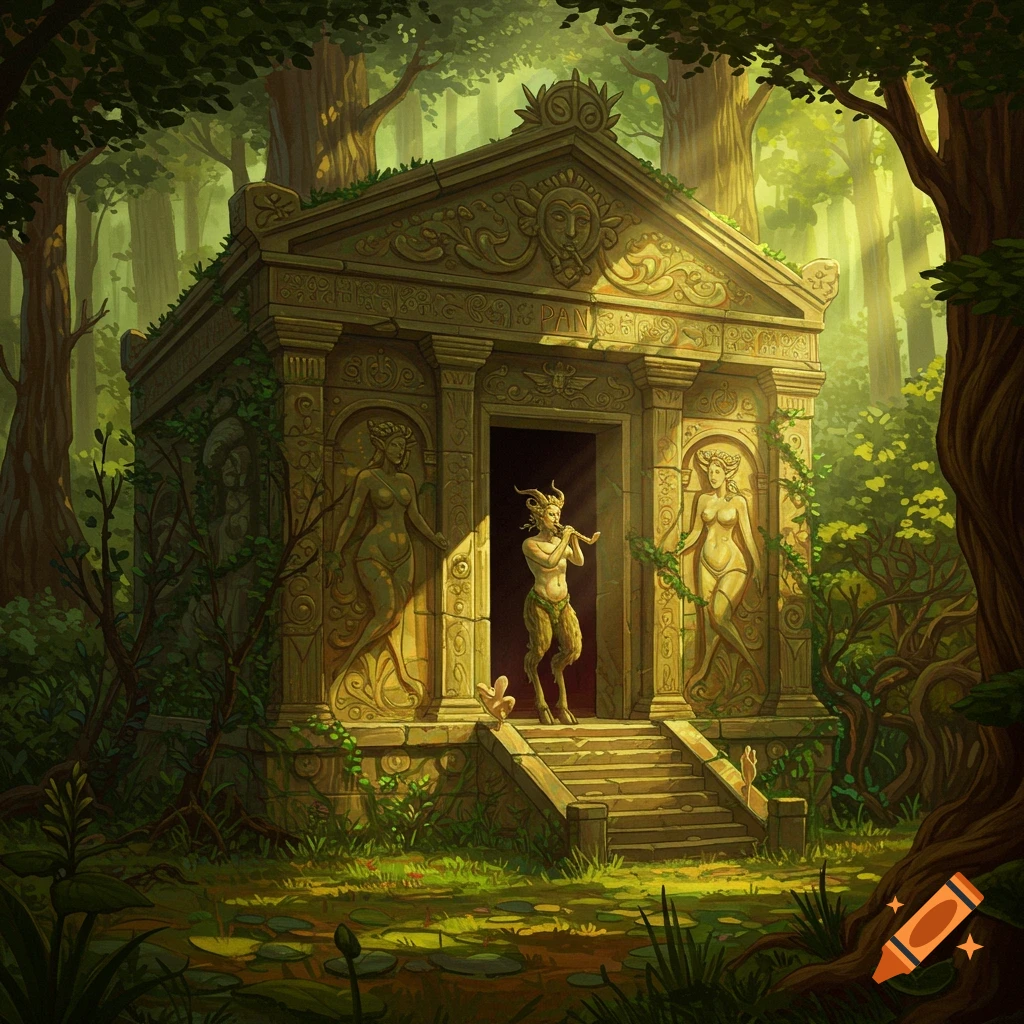 A satyr plays a flute outside an ancient stone temple decorated with carvings in a lush, sunlit forest.