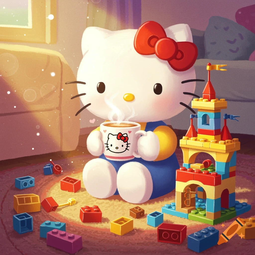 Cartoon Hello Kitty drinking coffee and building a Lego castle in a cozy room.