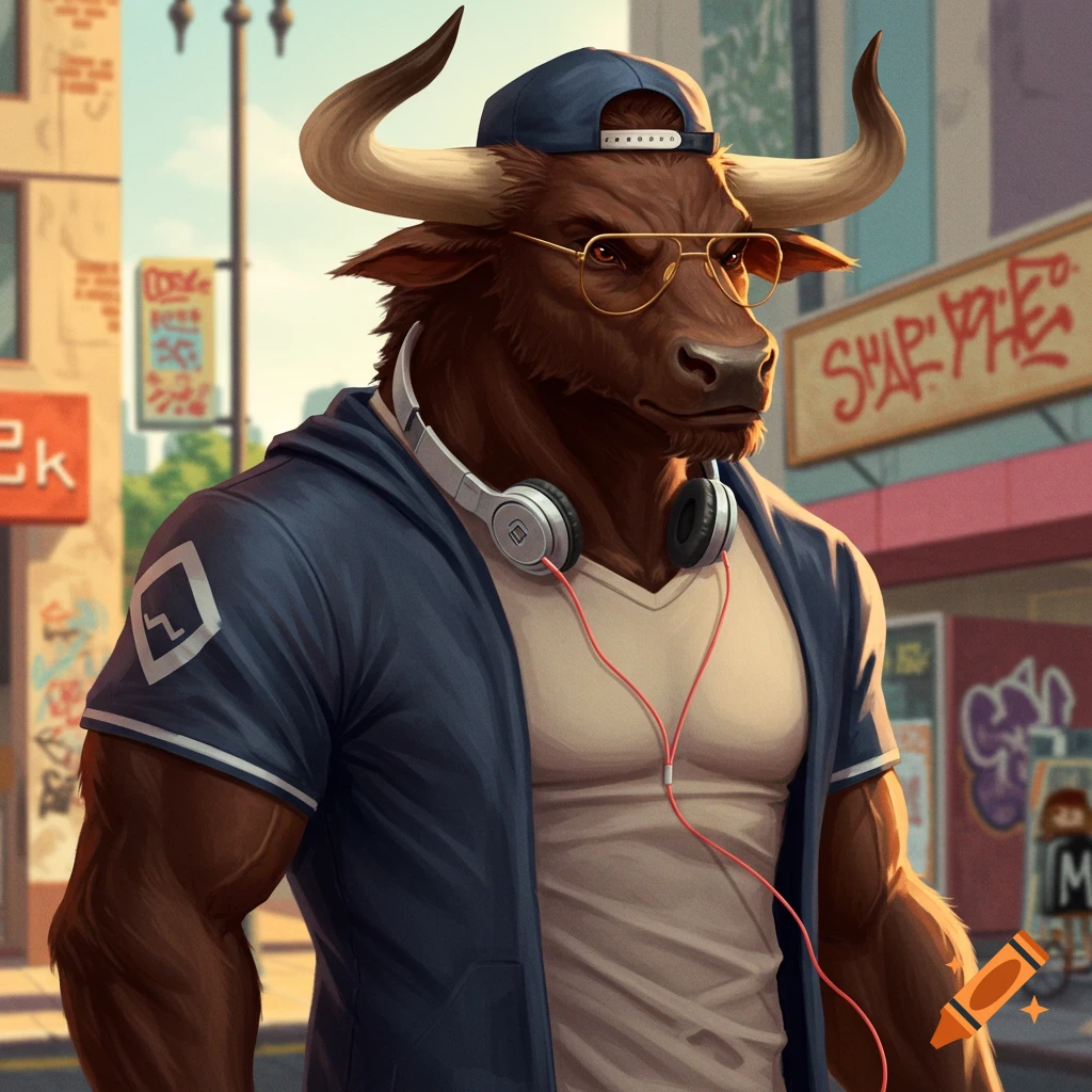 A modern minotaur with headphones and glasses on a city street.