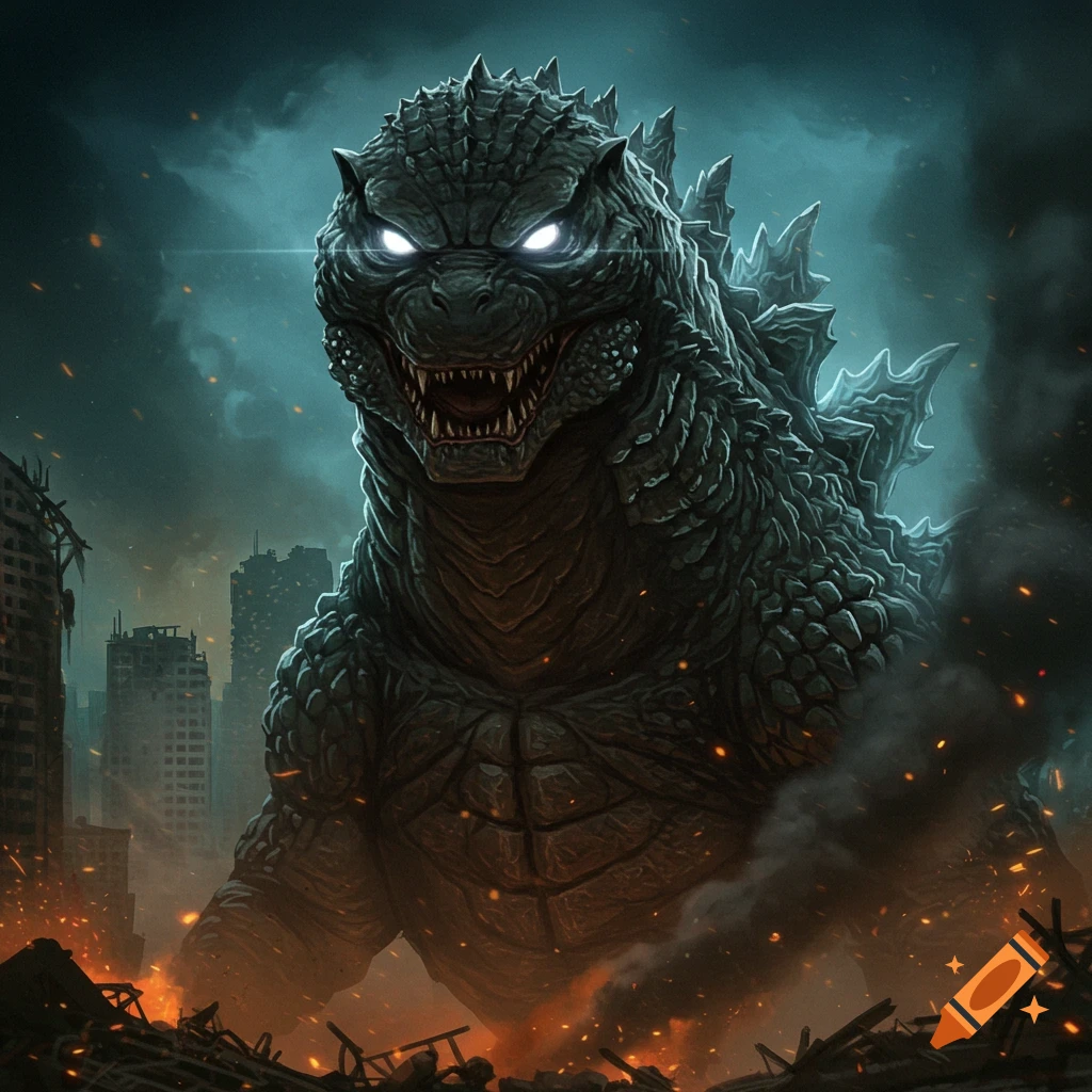 Godzilla with glowing white eyes stands over a destroyed city.