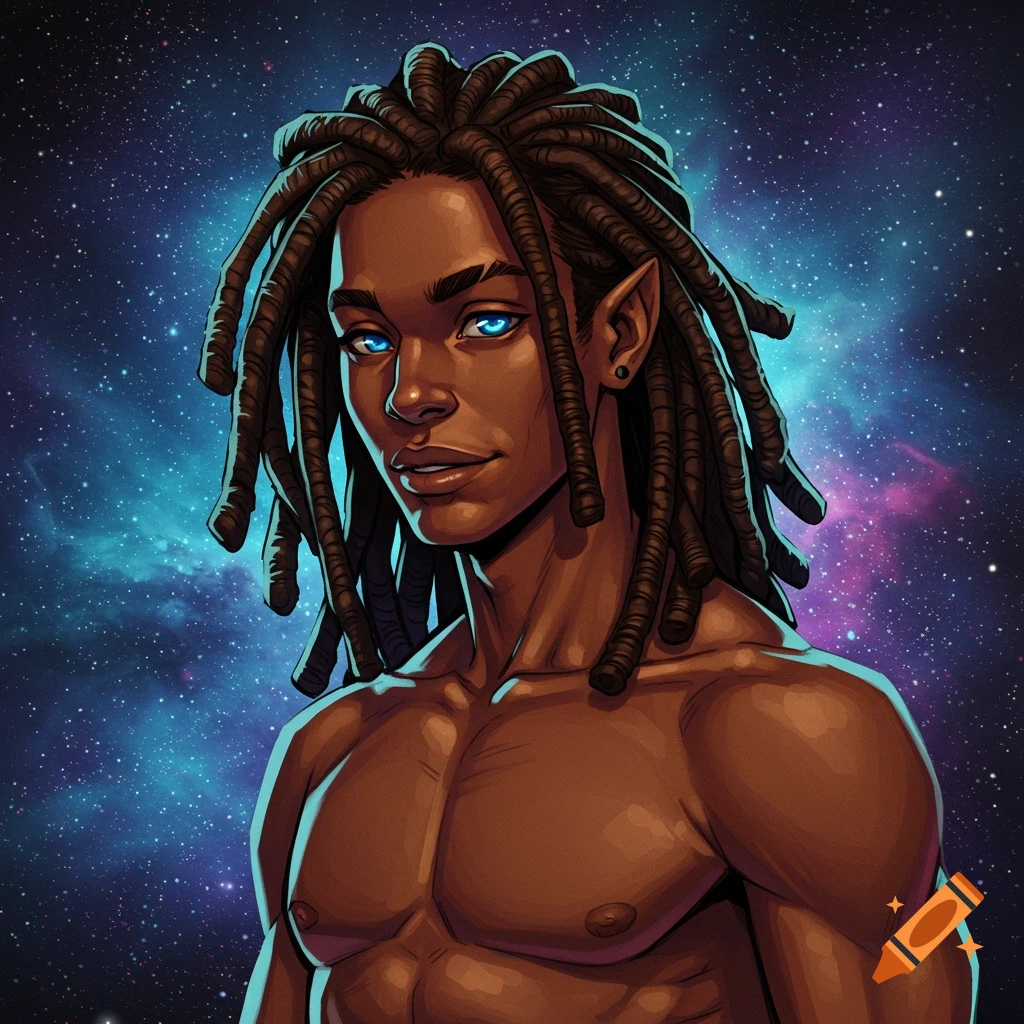 A young man with locs and pointed ears against a starry space background
