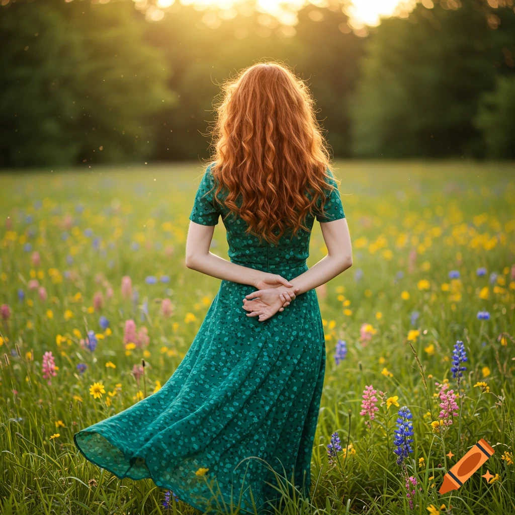 Woman with red hair in a green dress standing in a field of wildflowers at sunset.