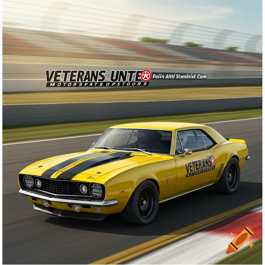 A yellow 1968 Camaro with black racing stripes speeds around a track.