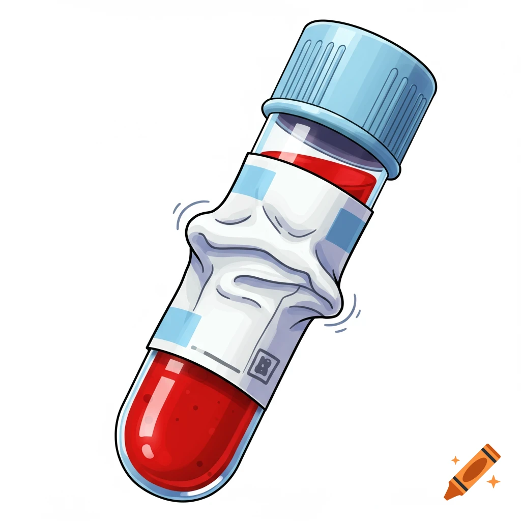 Cartoon illustration of an animated blood tube with a wrinkled label.
