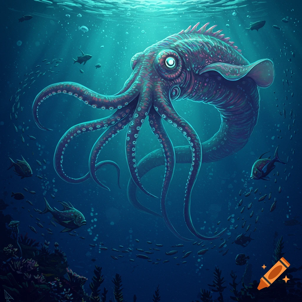 A large cuttlefish-like monster swimming underwater among smaller fish.
