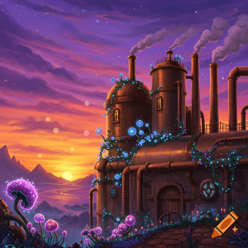 A magical factory covered in glowing vines and mushrooms at sunset.