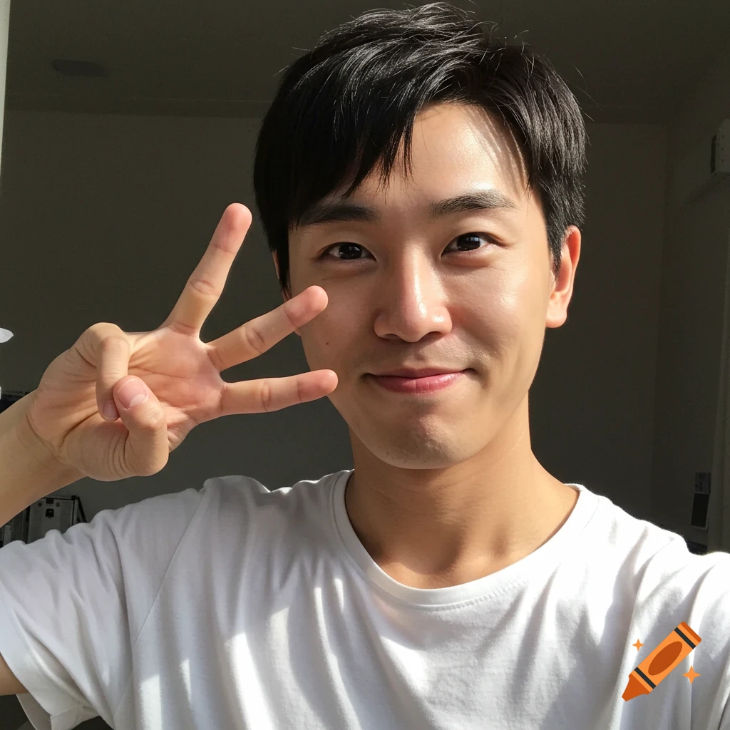 Smiling man holds up fingers in a selfie.