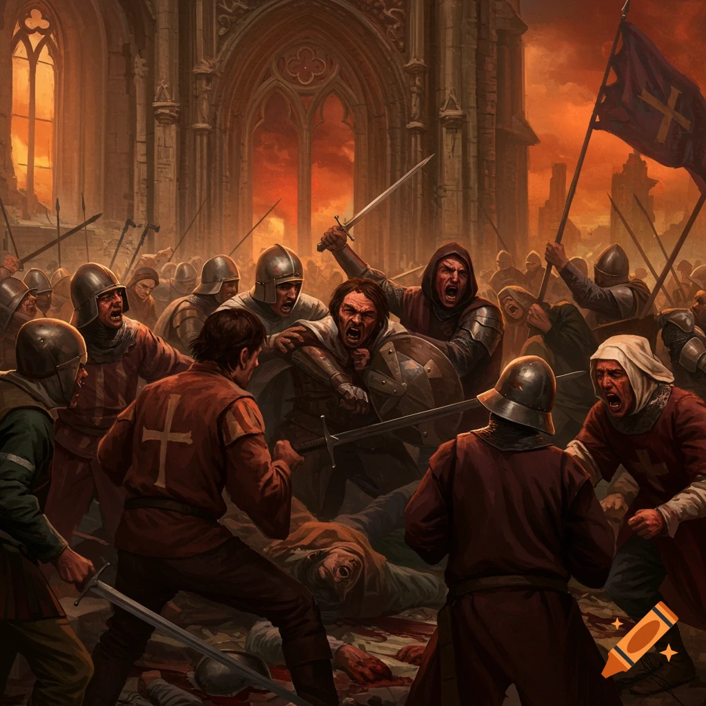 A chaotic historical religious battle scene unfolds with soldiers fighting amidst ruins under an orange sky.