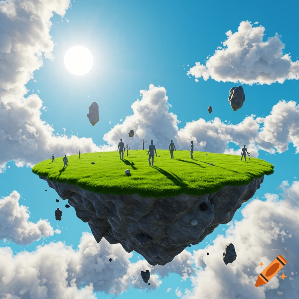 A surreal scene of a floating island with silhouetted figures standing on grass under a bright sky with clouds and floating rocks.